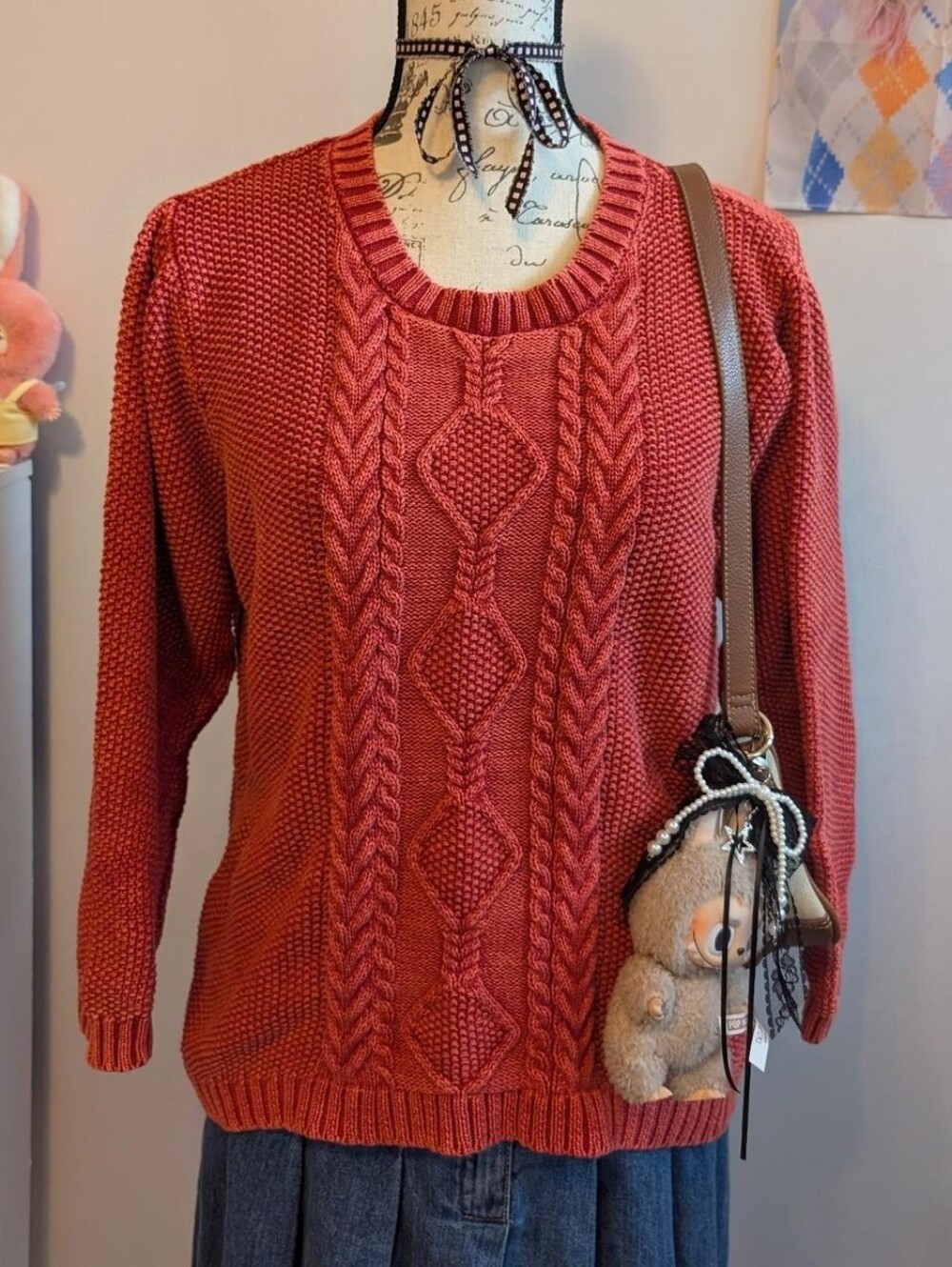 NorthStyle Rust Cable Knit Crewneck Sweater